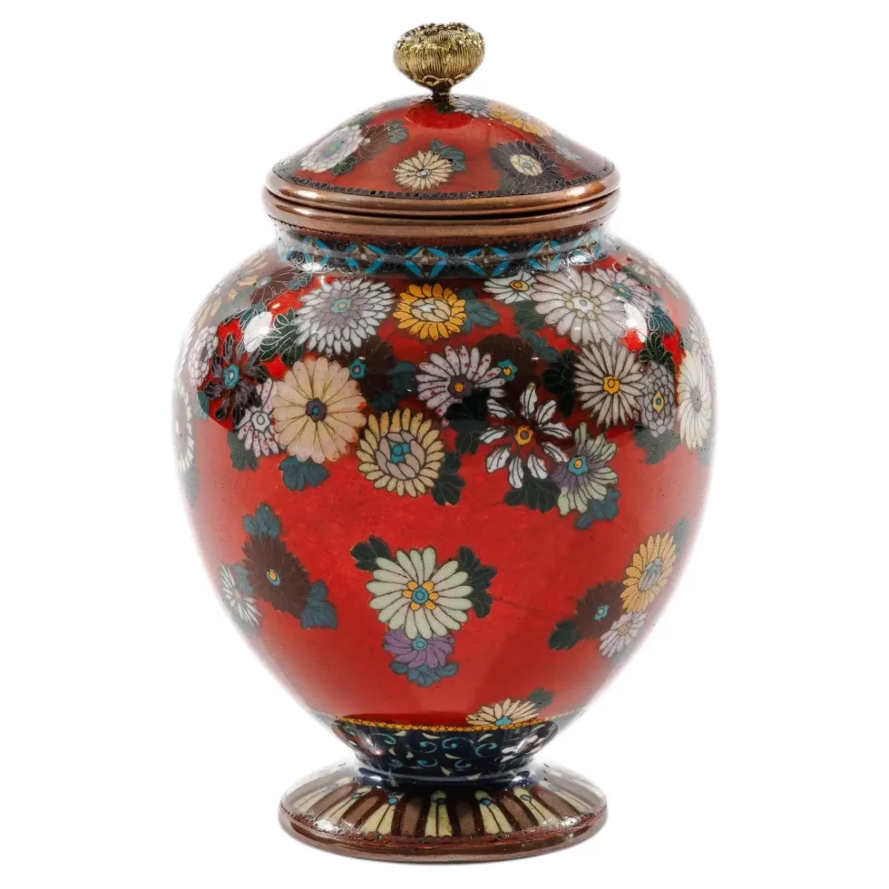 Rare Japanese Cloisonne Enamel Covered Jar with Transparent Red Ground Floral