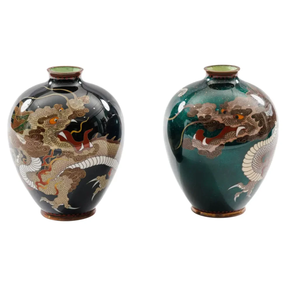 Pair of Japanese Cloisonné Enamel Dragon Vases Attributed to Honda Yasaburo