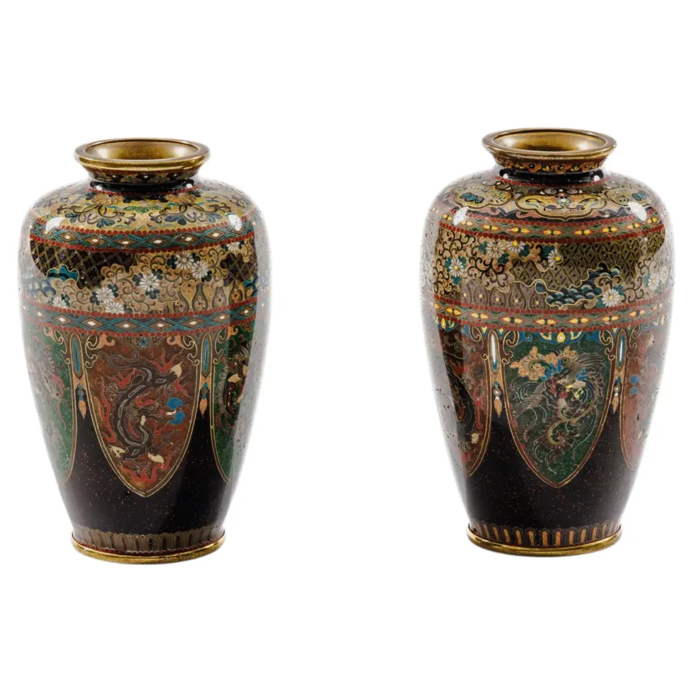 Pair of Japanese Cloisonné Enamel Vases with Dragon and Phoenix, Attributed Ando