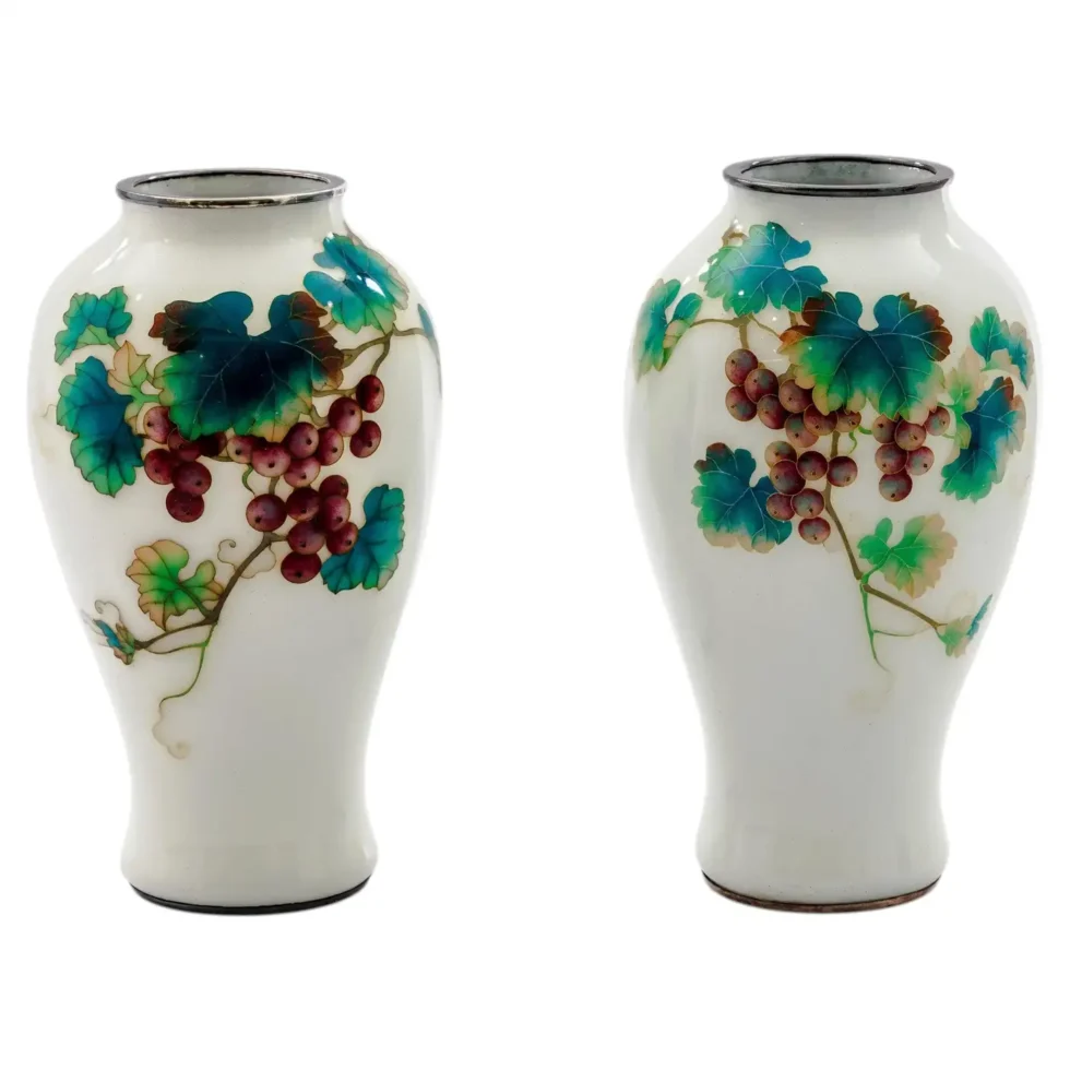 Fine Pair of Japanese Cloisonné Enamel Vases by Ando with Grapes on White Ground