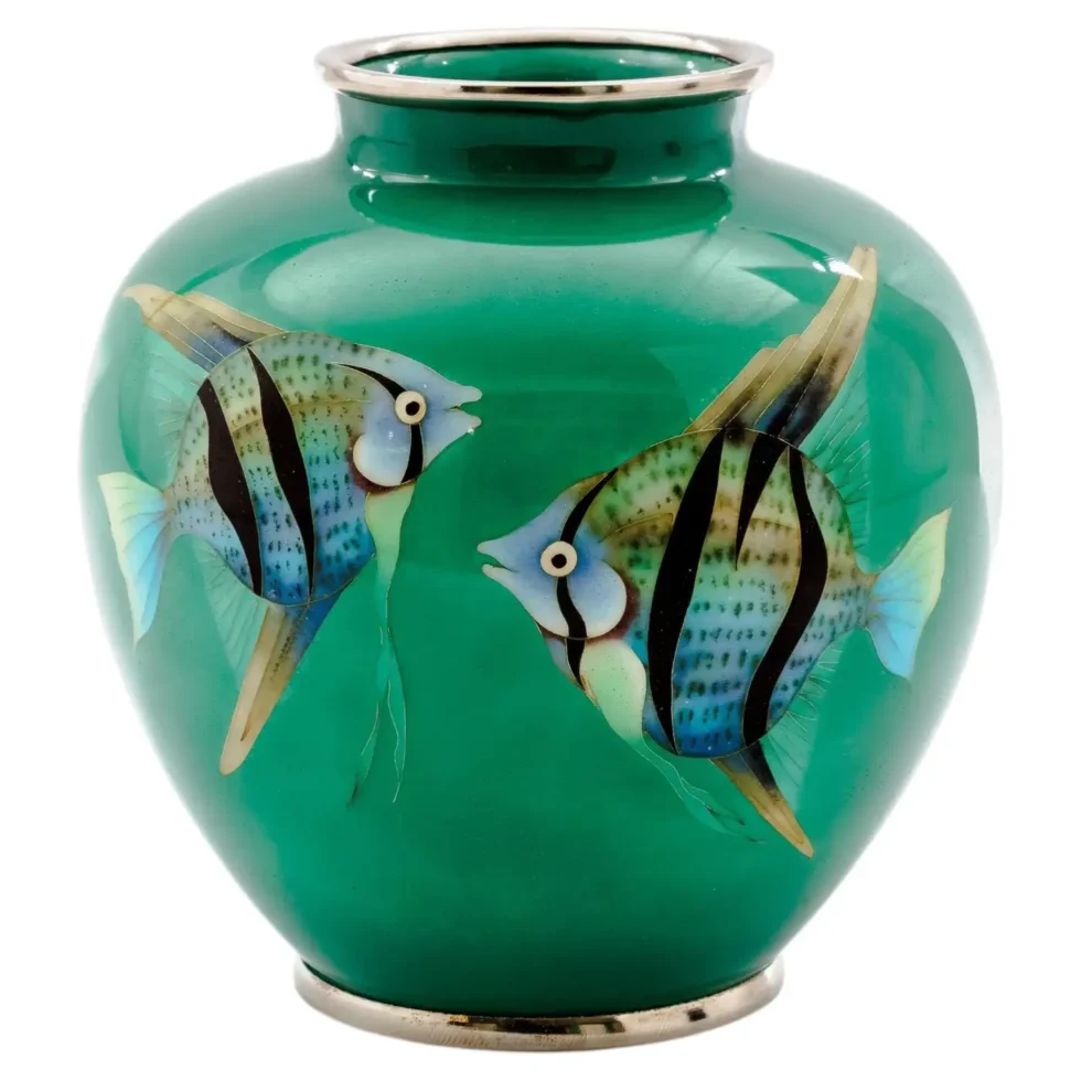 Mid-Century Japanese Cloisonné Enamel Vase with Tropical Fish Attributed to Sato