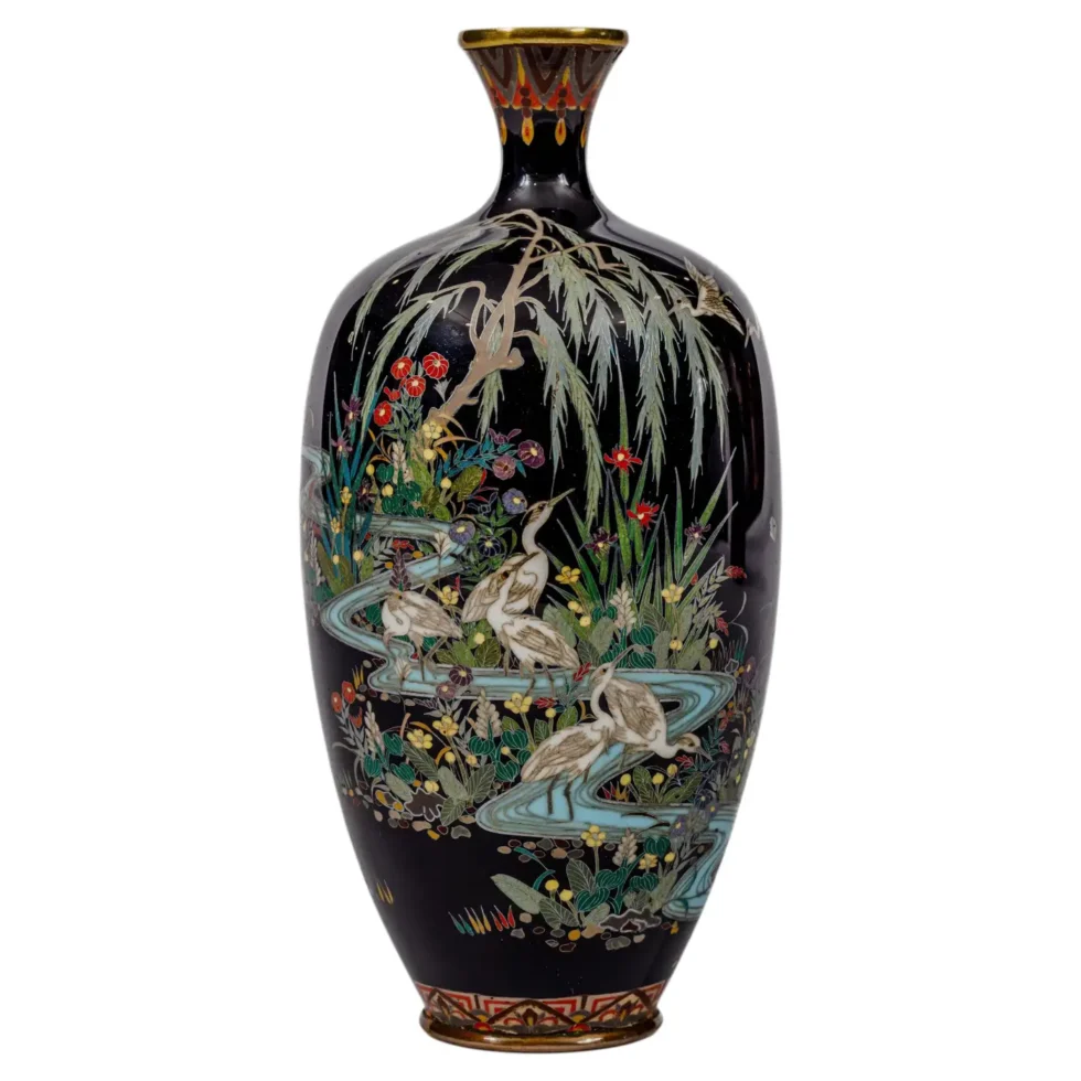 Japanese Cloisonné Enamel Vase Attributed to Hayashi Kodenji with Cranes