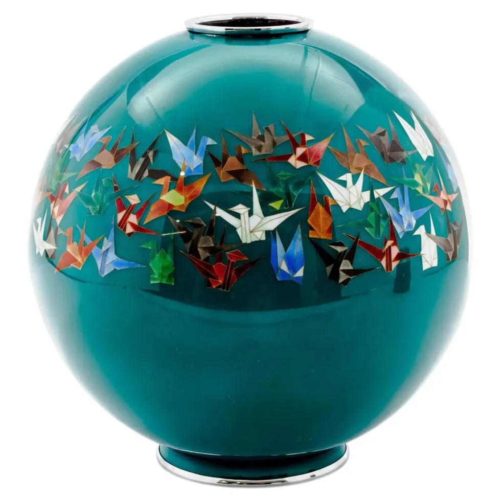 Mid-Century Japanese Cloisonné Enamel Vase by Sato with Origami Crane Motif