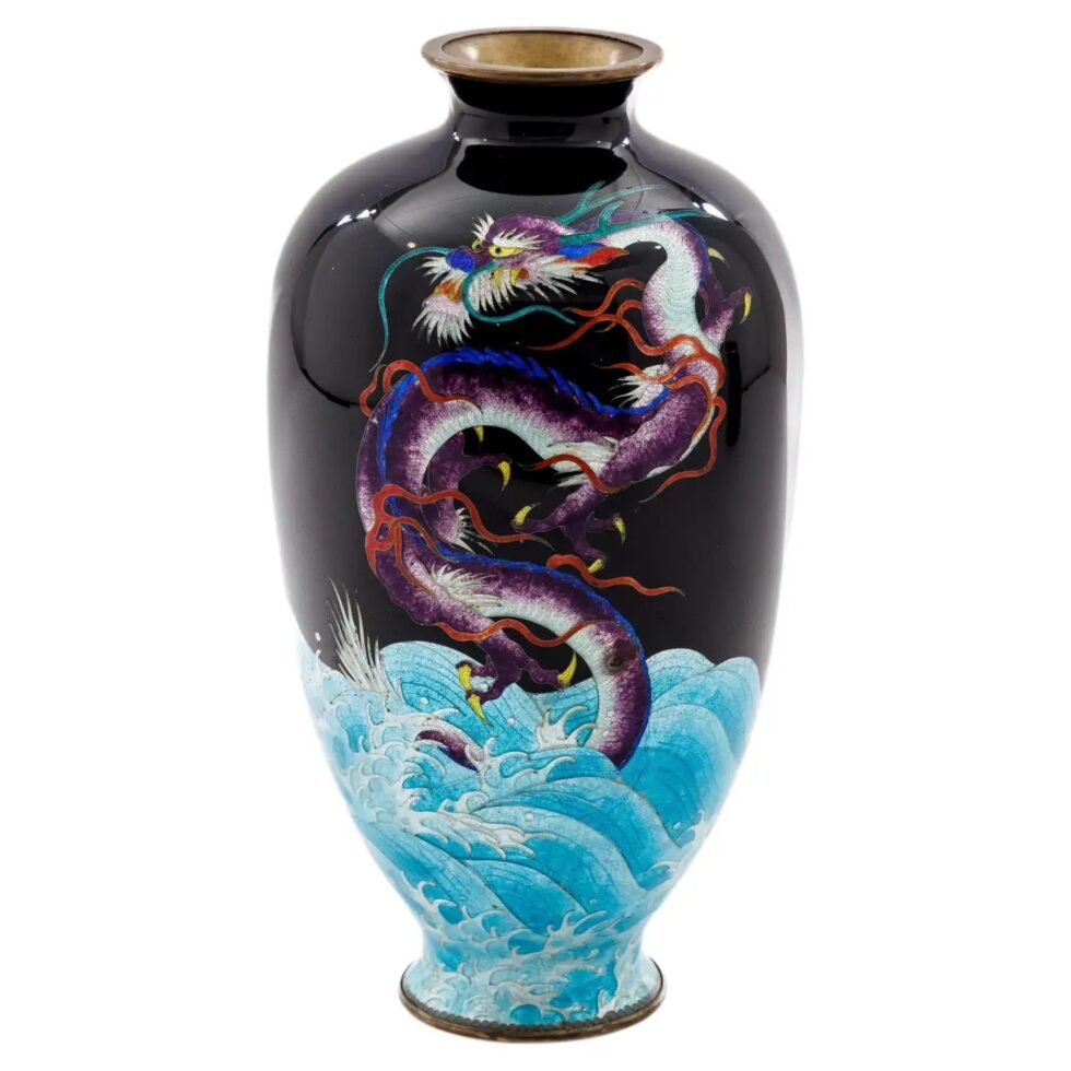 Meiji Japanese Cloisonné Enamel Ginbari Dragon Vase by Kumeno Teitaro