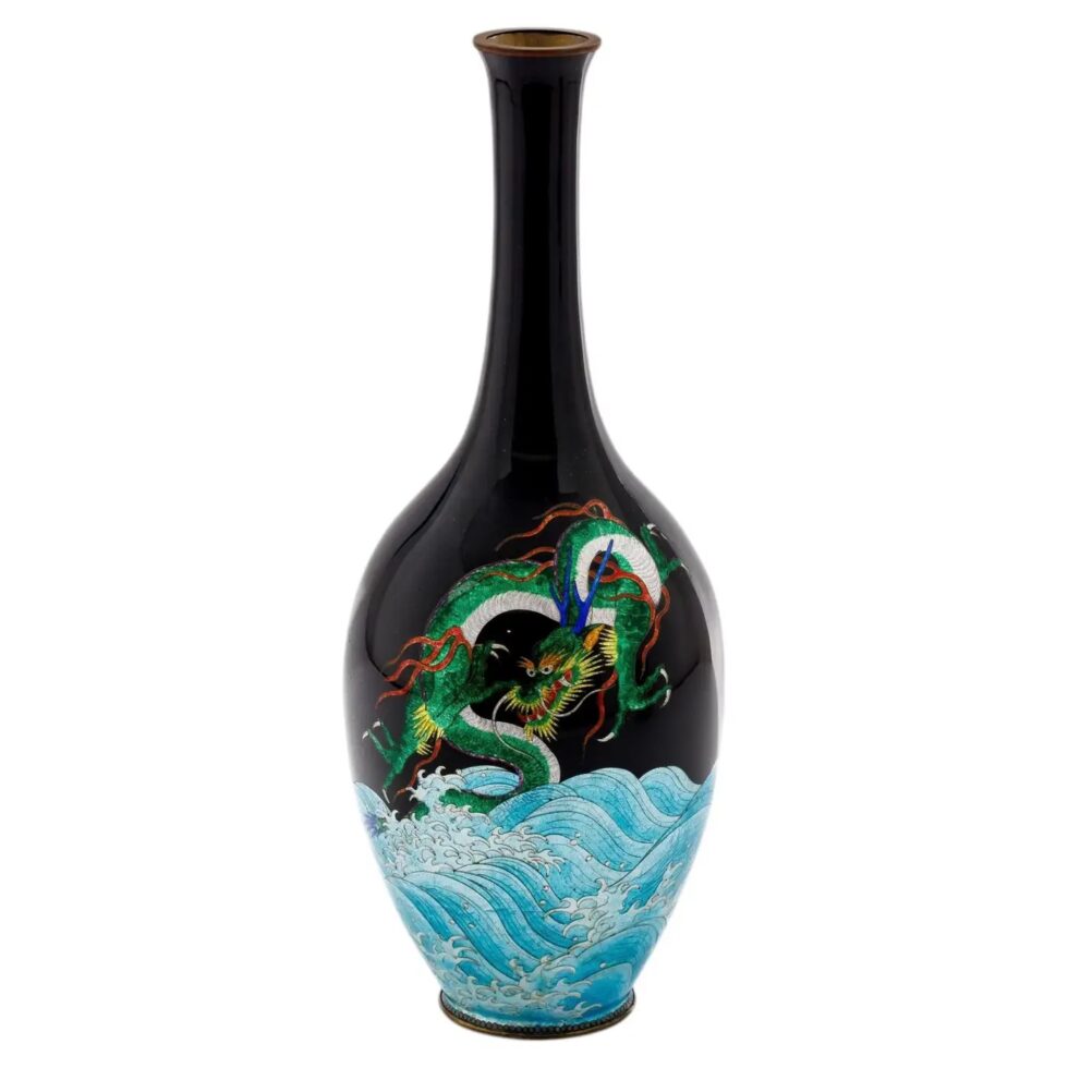 Japanese Meiji Cloisonné Enamel Ginbari Vase Green Dragon by Kumeno Teitaro