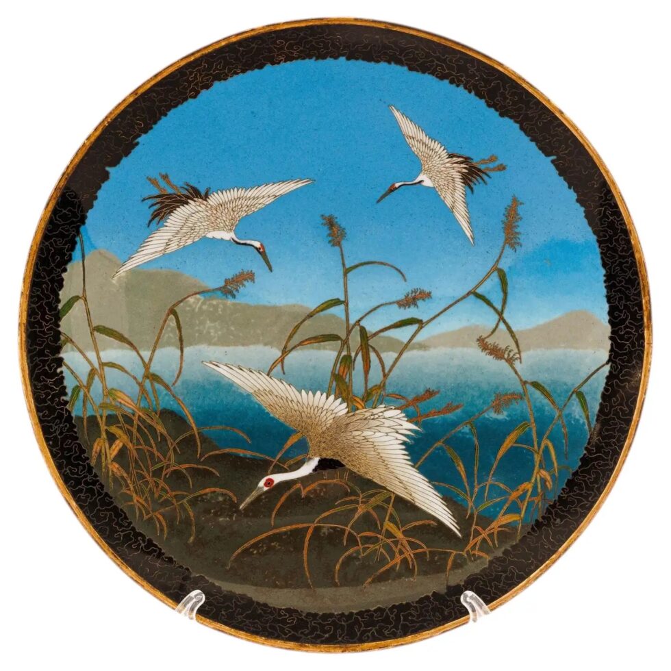Japanese Cloisonné Enamel Charger with Cranes, Attributed to Gotō Seizaburō