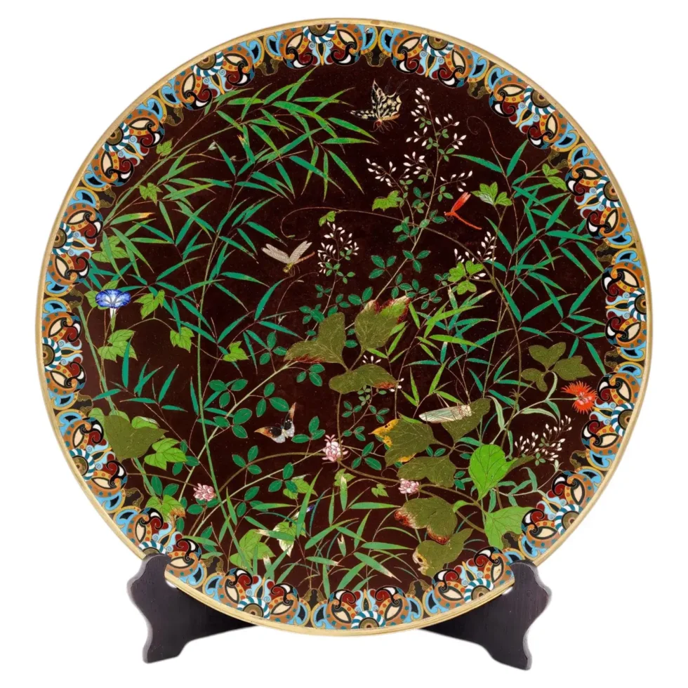 Fine Meiji Cloisonné Enamel Charger Bamboo and Insects Attributed, Goto