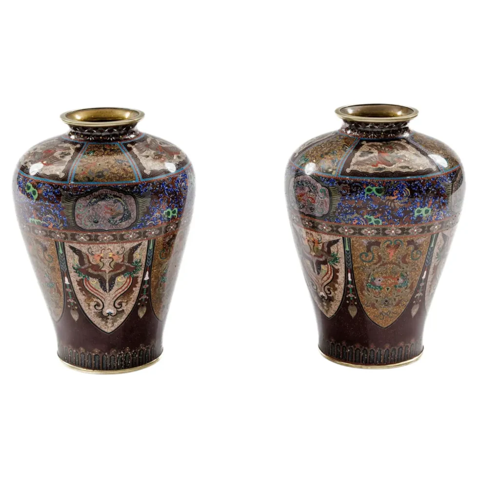 Fine Pair of Meiji Cloisonné Enamel Vases, Attributed to The Ando Jubei Company