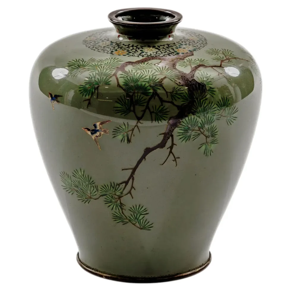 Exquisite Cloisonné Enamel Vase Birds Pine Celadon Ground, Attributed Hayashi