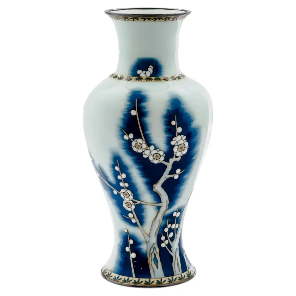 Exquisite Japanese Cloisonné Enamel Vase Blue and White Plum Blossoms, Ando