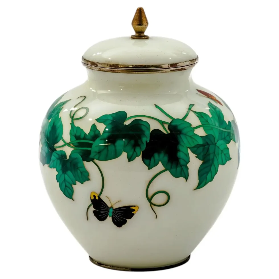Exquisite Japanese Cloisonné Enamel Covered Jar with Ivy and Butterflies