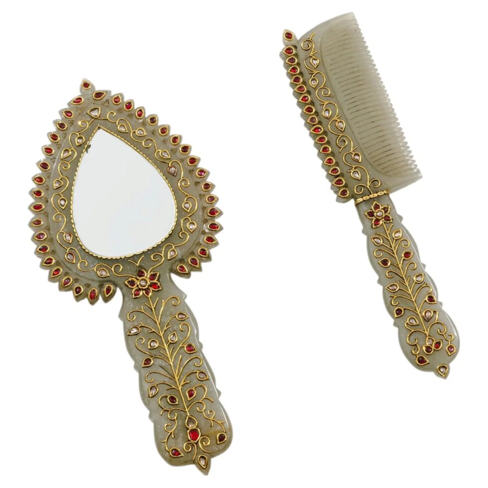 A Rare Mughal Style Gem-Set Jade Hand Mirror and Comb India, Late 19th Century