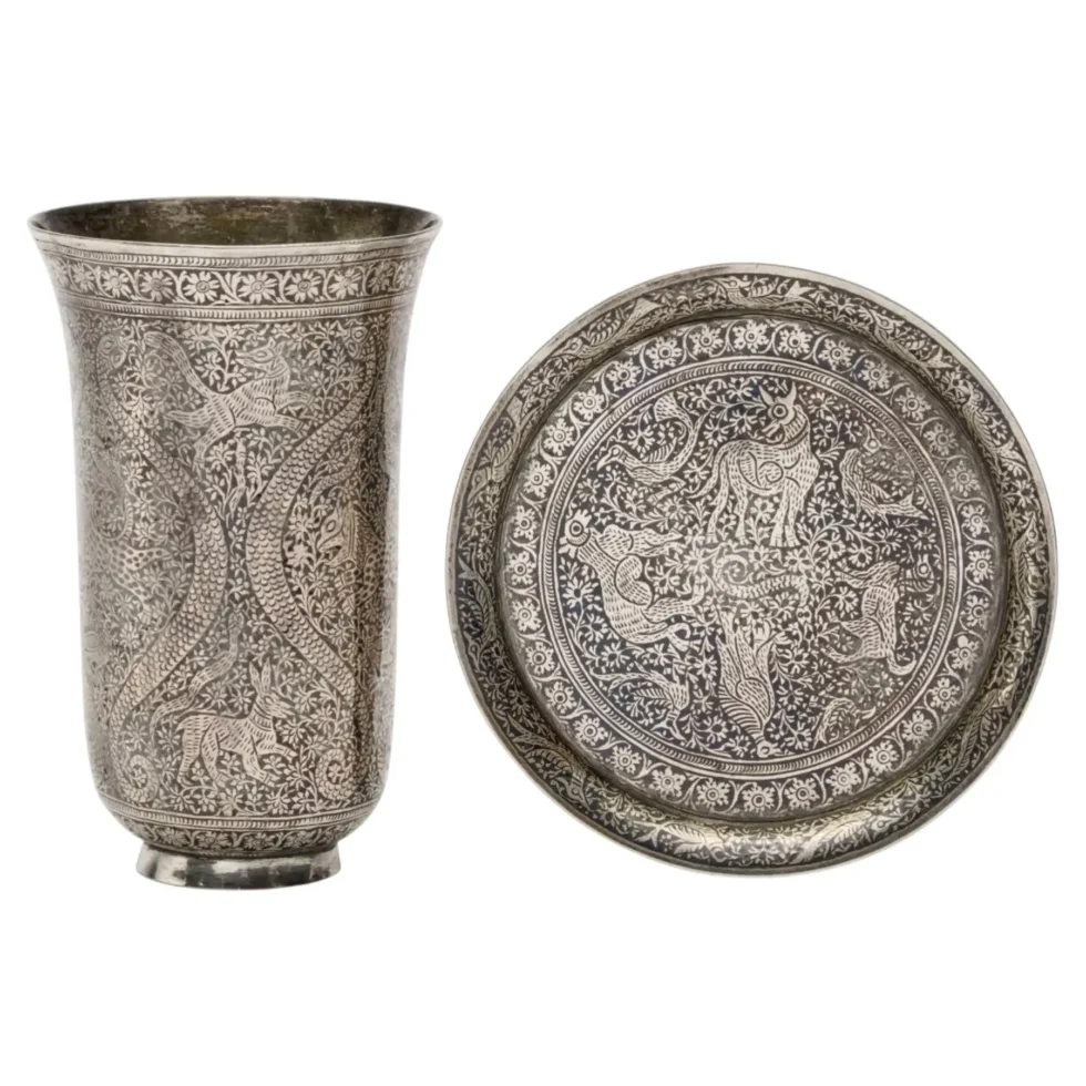 An Exceptional Indian Solid Silver Niello Beaker and Saucer, circa 1800