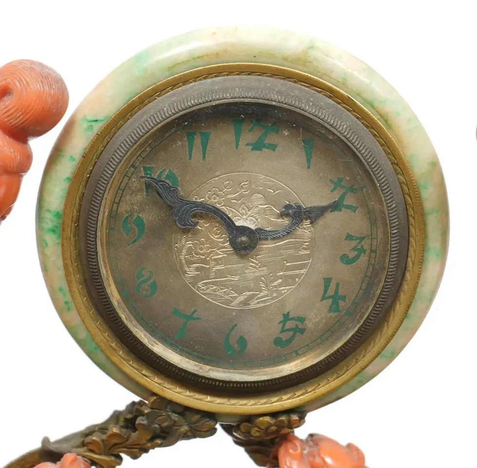 An Exceptional Edward I. Farmer Jade and Coral Clock Garniture with Lamps - Image 2