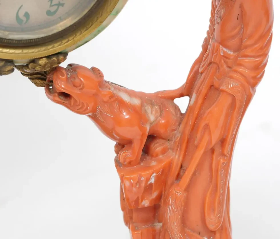 An Exceptional Edward I. Farmer Jade and Coral Clock Garniture with Lamps - Image 3