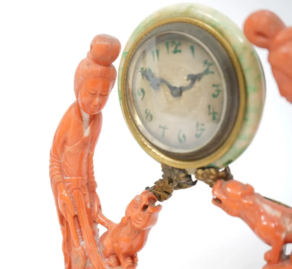 An Exceptional Edward I. Farmer Jade and Coral Clock Garniture with Lamps - Image 4