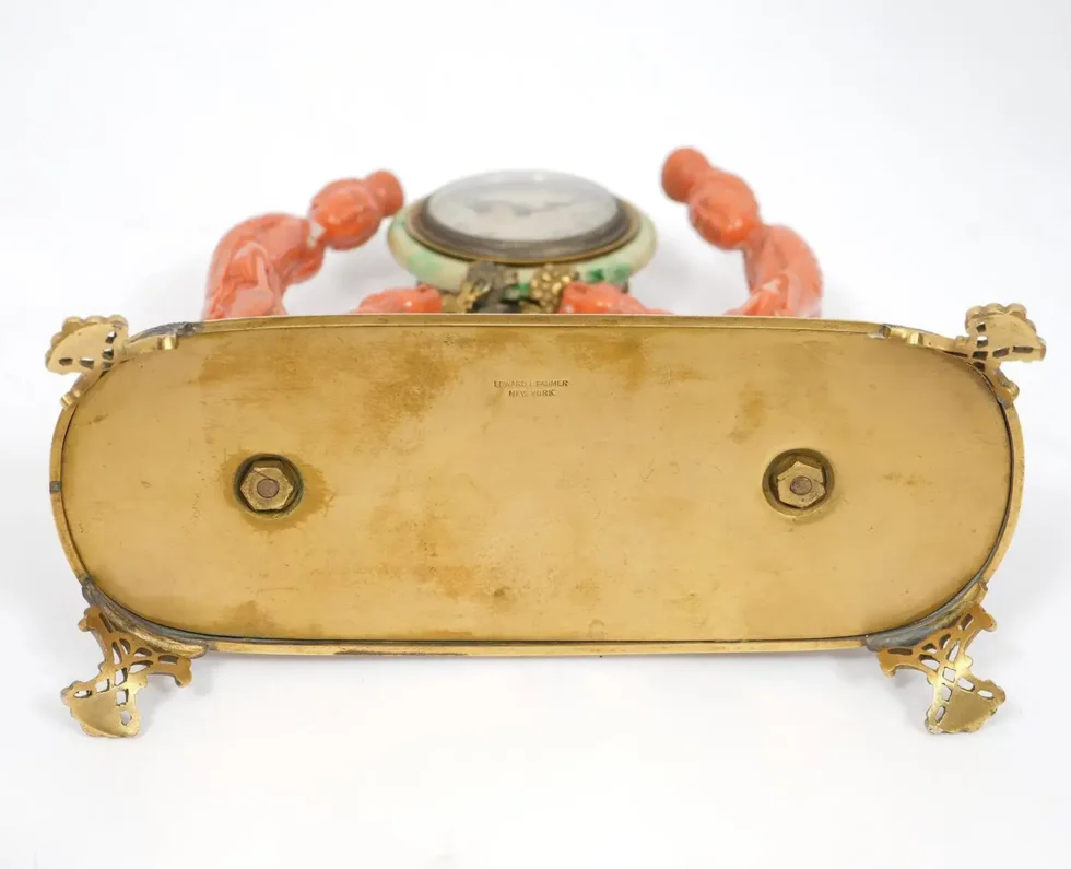 An Exceptional Edward I. Farmer Jade and Coral Clock Garniture with Lamps - Image 5