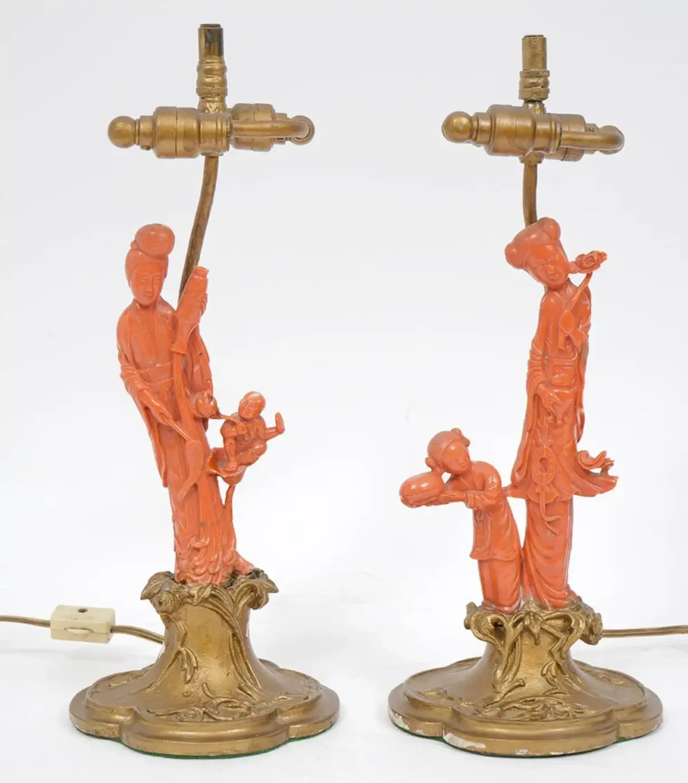 An Exceptional Edward I. Farmer Jade and Coral Clock Garniture with Lamps - Image 11