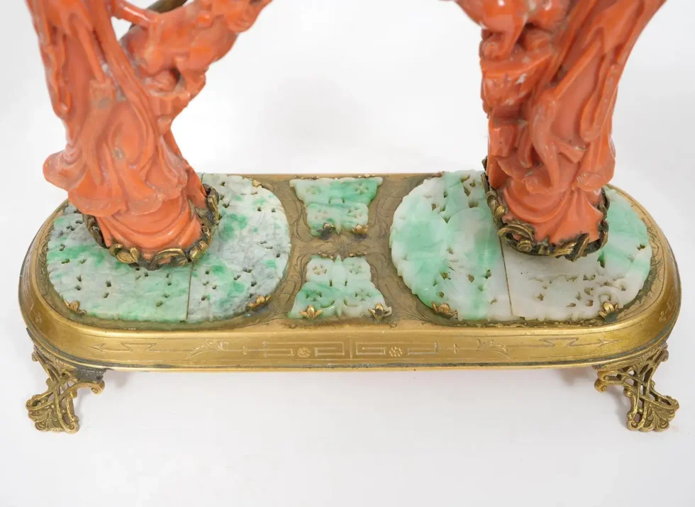 An Exceptional Edward I. Farmer Jade and Coral Clock Garniture with Lamps - Image 6