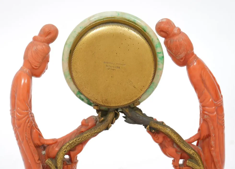 An Exceptional Edward I. Farmer Jade and Coral Clock Garniture with Lamps - Image 7