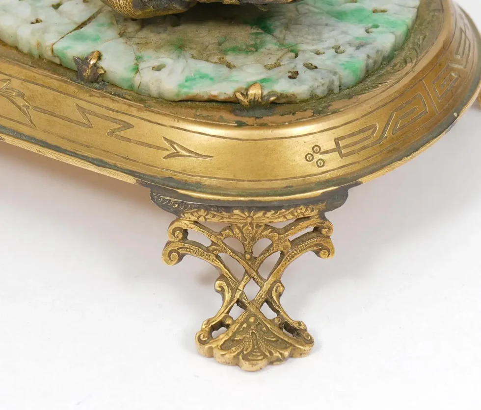 An Exceptional Edward I. Farmer Jade and Coral Clock Garniture with Lamps - Image 9