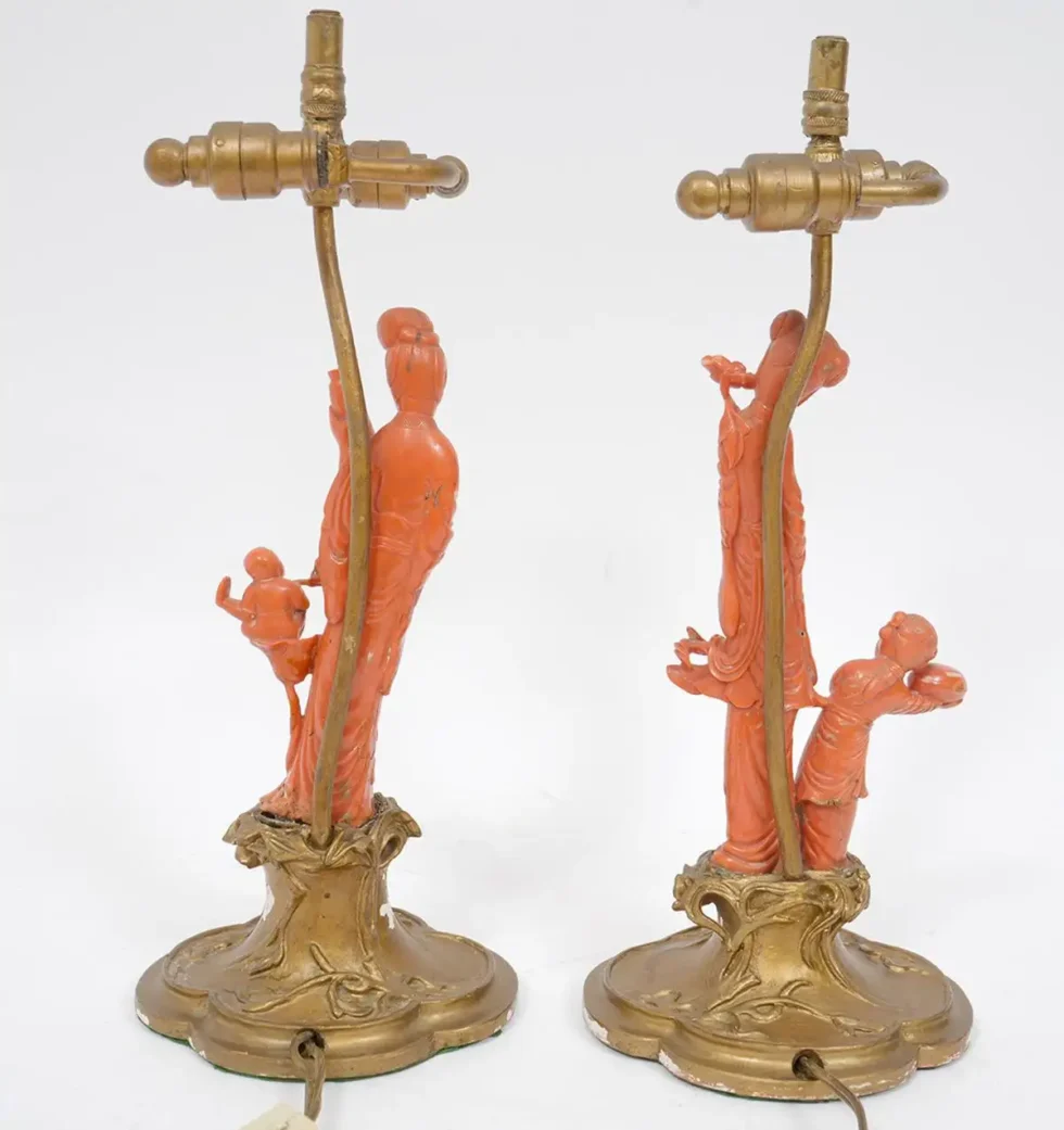 An Exceptional Edward I. Farmer Jade and Coral Clock Garniture with Lamps - Image 13