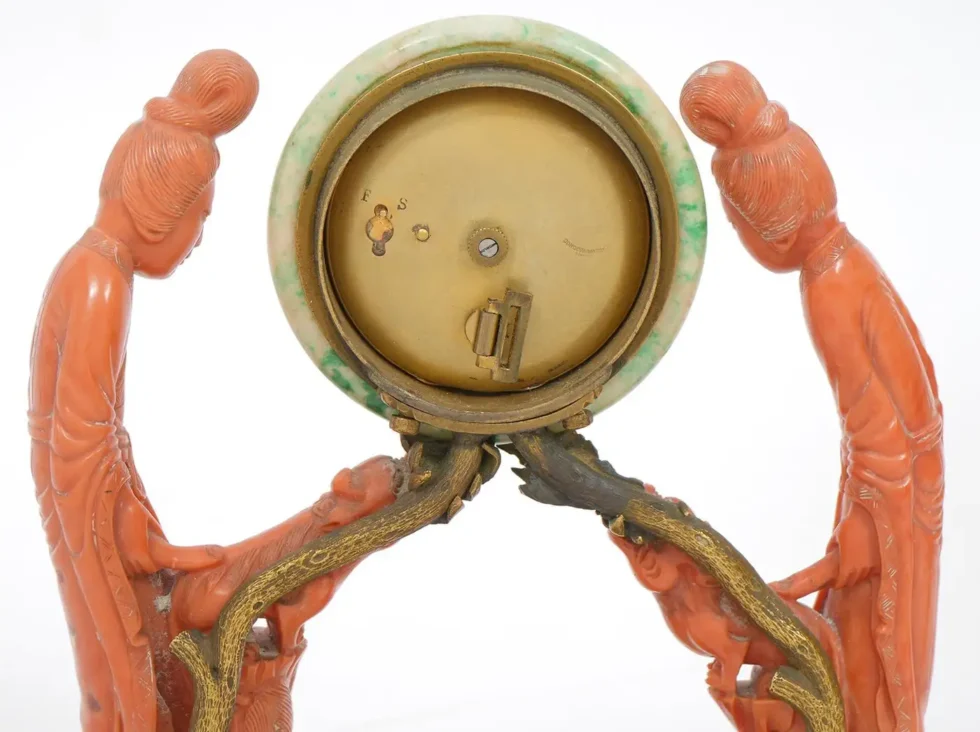 An Exceptional Edward I. Farmer Jade and Coral Clock Garniture with Lamps - Image 8