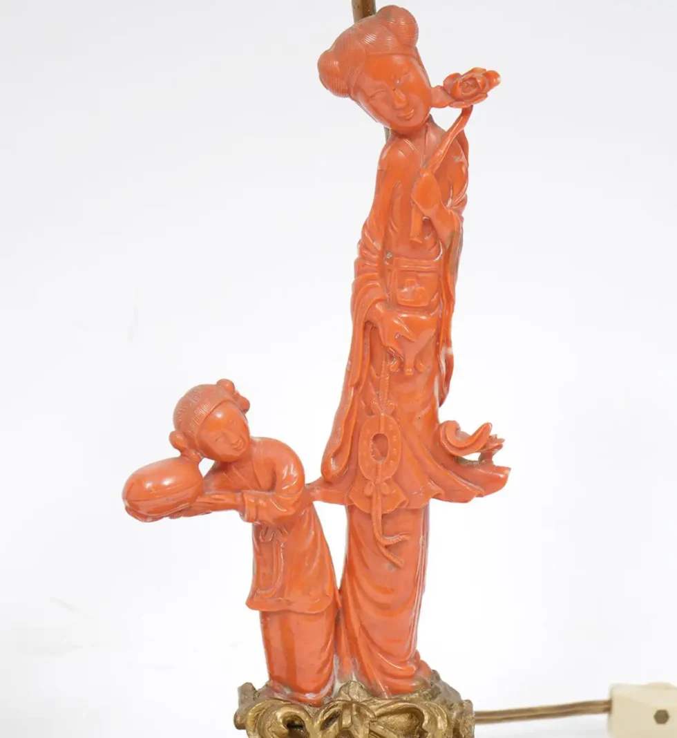 An Exceptional Edward I. Farmer Jade and Coral Clock Garniture with Lamps - Image 14