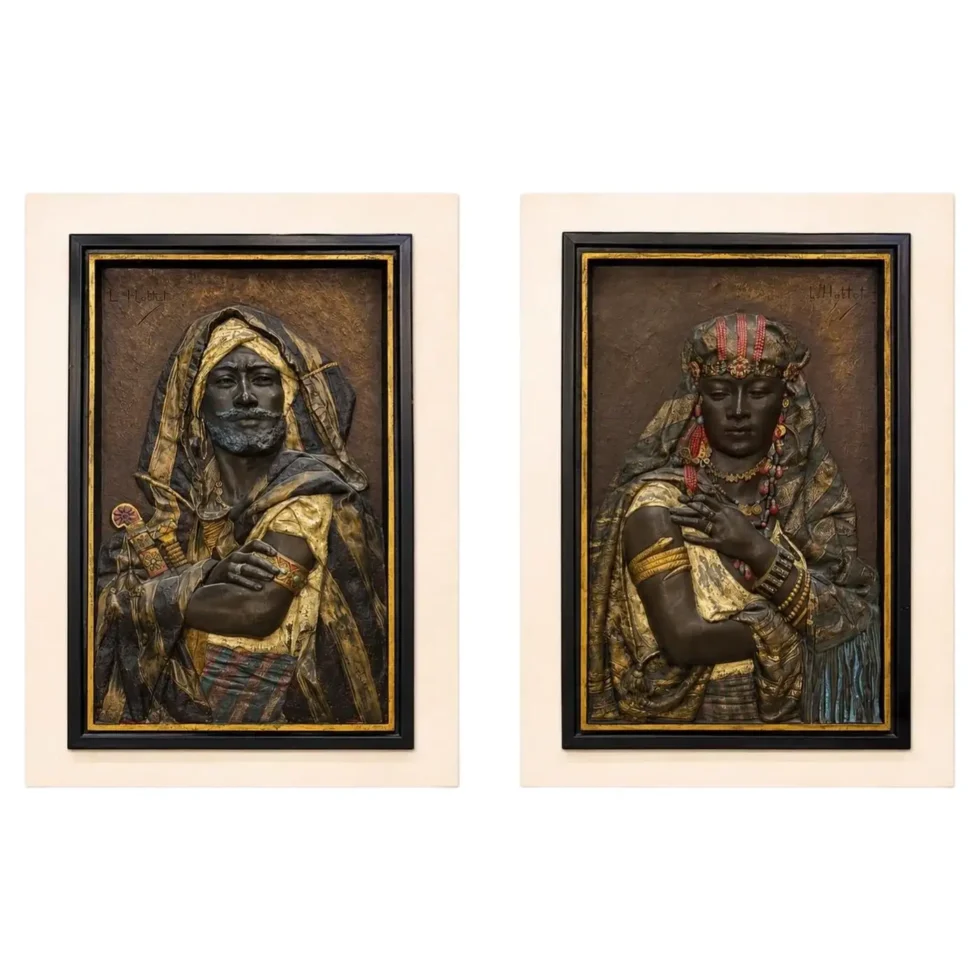 Exceptional Pair of Signed Louis Hottot Orientalist Polychrome Relief Panels
