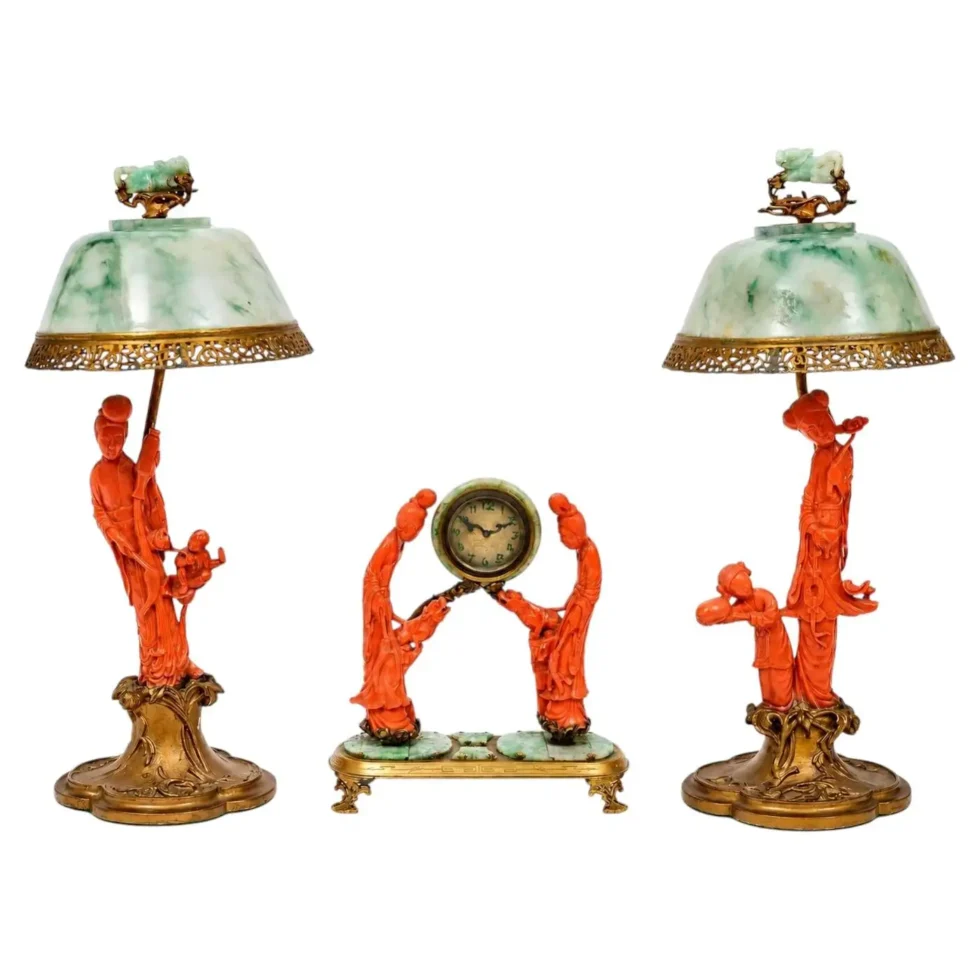 An Exceptional Edward I. Farmer Jade and Coral Clock Garniture with Lamps