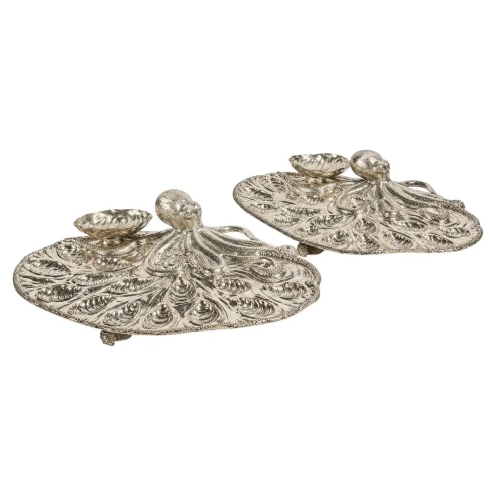 Rare Pair of Mario Buccellati Italian Silver Marine-Themed Oyster Platters