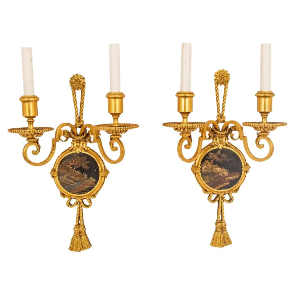 Exceptional Pair of E.F. Caldwell Gilt Bronze & Japanese Lacquer Wall Sconces