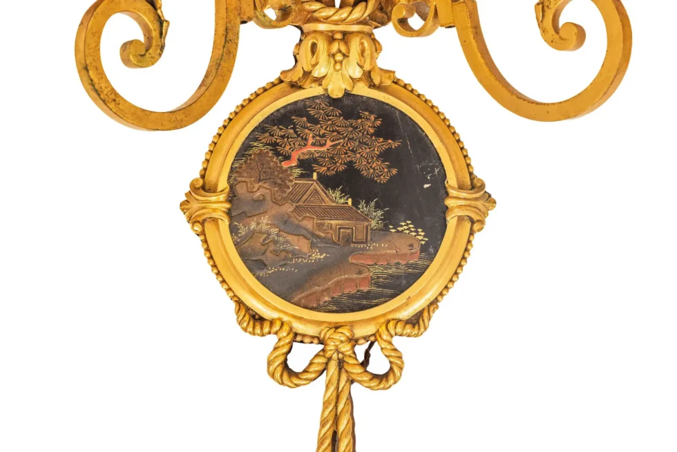Exceptional Pair of E.F. Caldwell Gilt Bronze & Japanese Lacquer Wall Sconces - Image 2