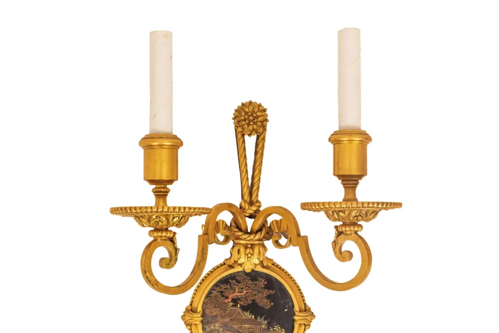 Exceptional Pair of E.F. Caldwell Gilt Bronze & Japanese Lacquer Wall Sconces - Image 4