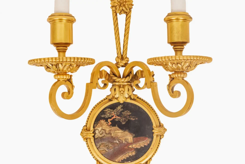 Exceptional Pair of E.F. Caldwell Gilt Bronze & Japanese Lacquer Wall Sconces - Image 5