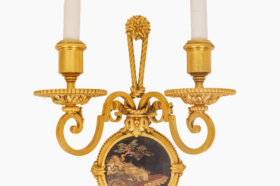 Exceptional Pair of E.F. Caldwell Gilt Bronze & Japanese Lacquer Wall Sconces - Image 6