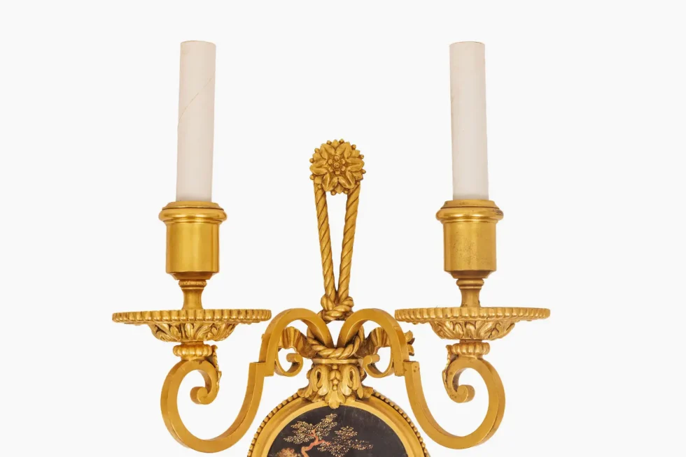 Exceptional Pair of E.F. Caldwell Gilt Bronze & Japanese Lacquer Wall Sconces - Image 7