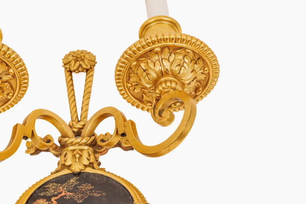 Exceptional Pair of E.F. Caldwell Gilt Bronze & Japanese Lacquer Wall Sconces - Image 9