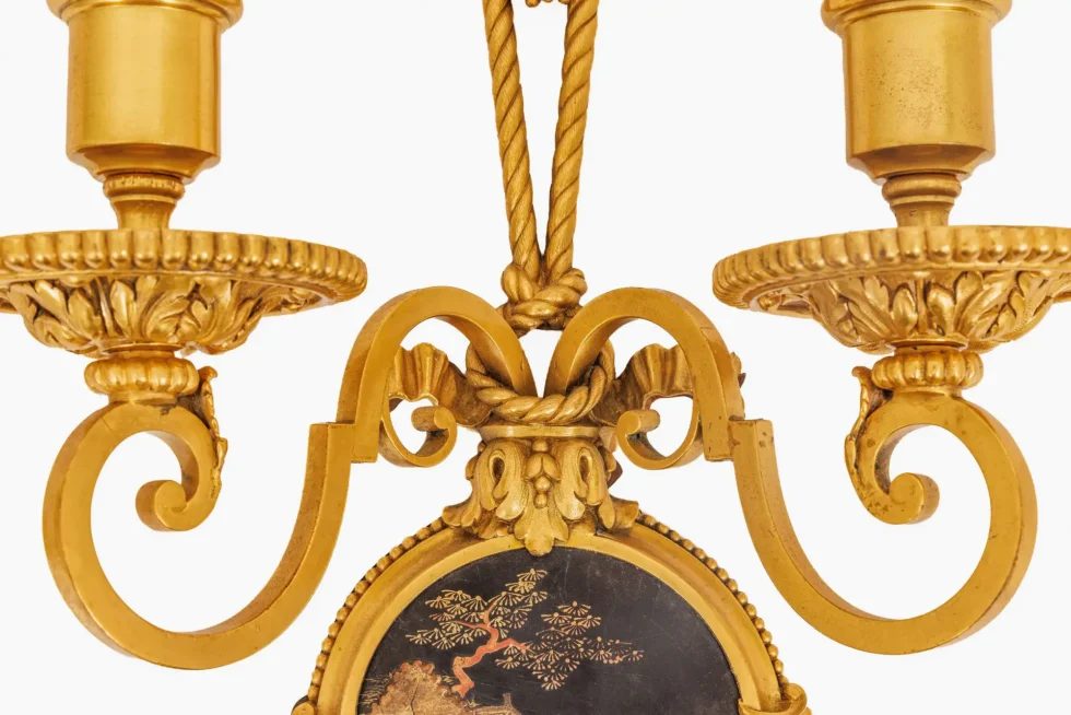 Exceptional Pair of E.F. Caldwell Gilt Bronze & Japanese Lacquer Wall Sconces - Image 10