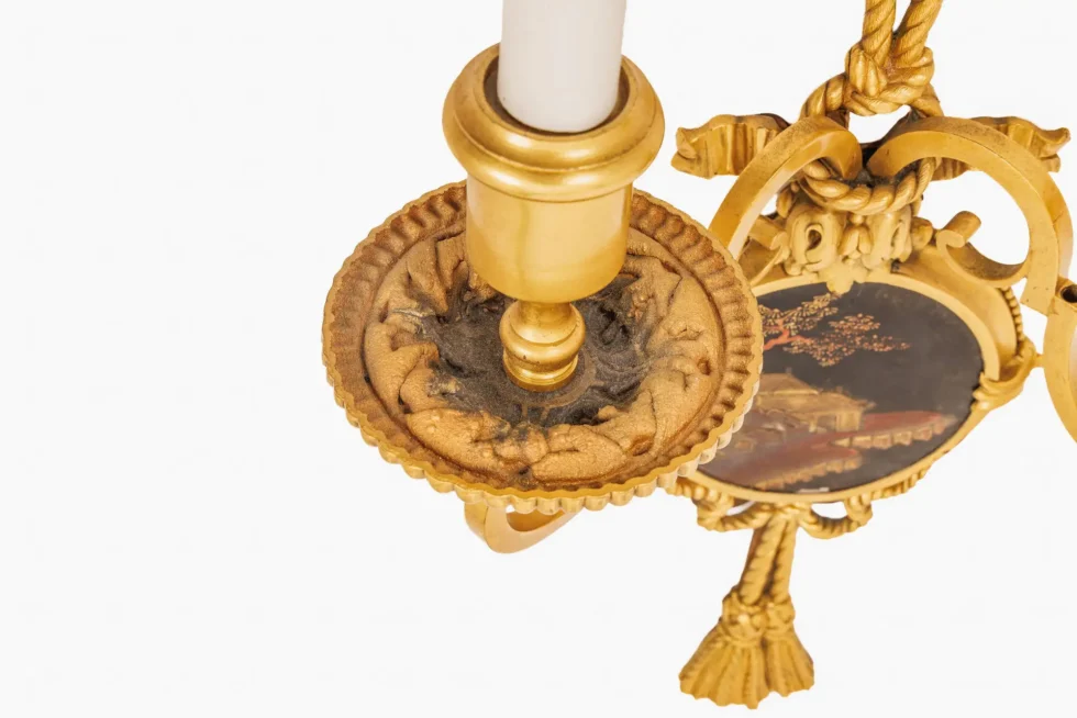 Exceptional Pair of E.F. Caldwell Gilt Bronze & Japanese Lacquer Wall Sconces - Image 12