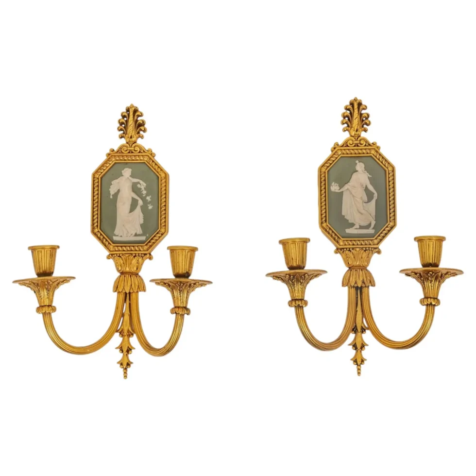 Fine Pair of Neoclassical Gilt Bronze & Wedgwood Sconces, Sterling Bronze Co