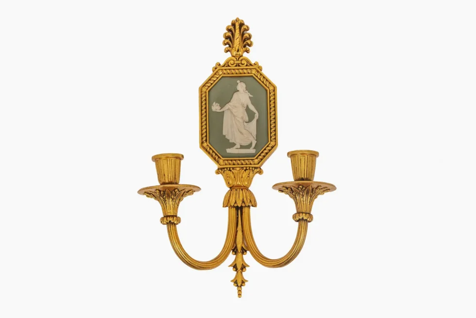 Fine Pair of Neoclassical Gilt Bronze & Wedgwood Sconces, Sterling Bronze Co - Image 3