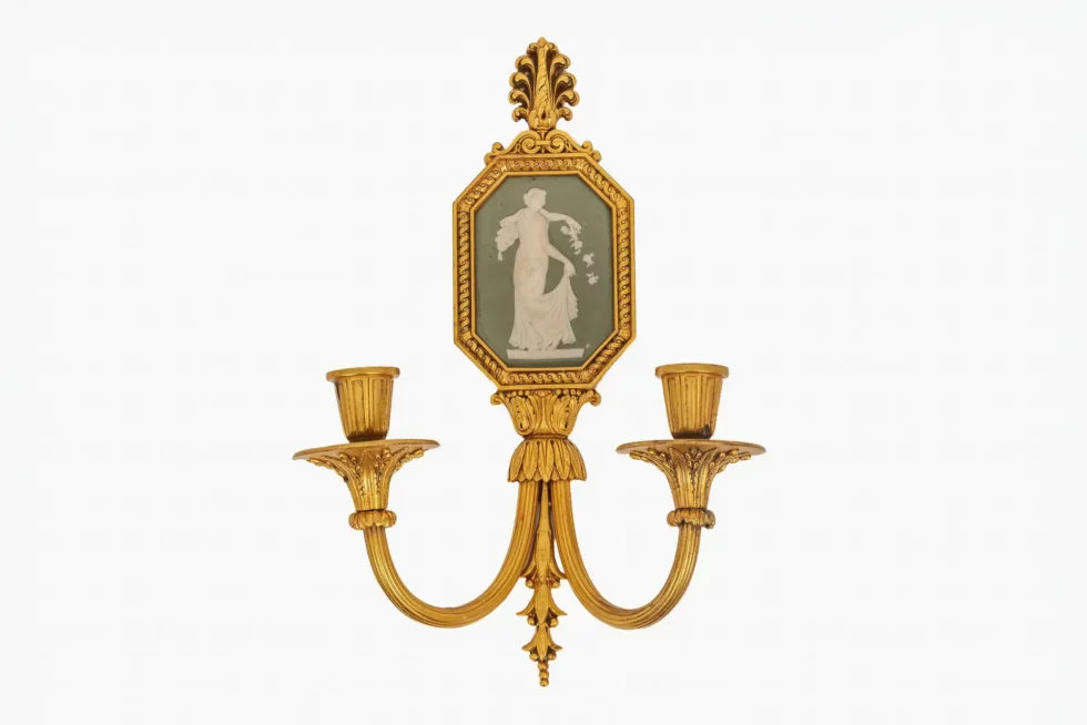 Fine Pair of Neoclassical Gilt Bronze & Wedgwood Sconces, Sterling Bronze Co - Image 2
