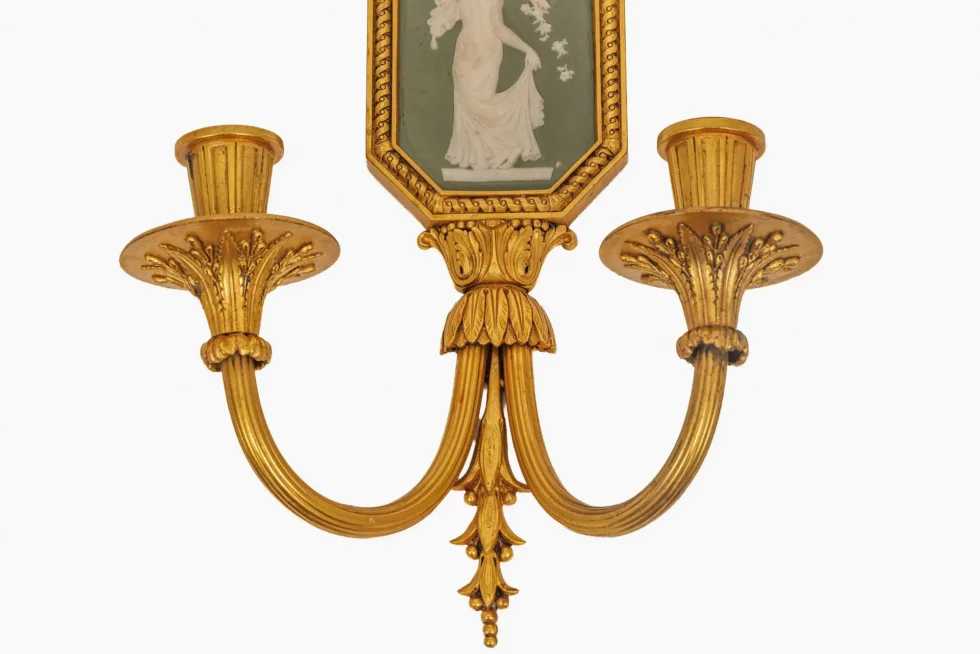 Fine Pair of Neoclassical Gilt Bronze & Wedgwood Sconces, Sterling Bronze Co - Image 4
