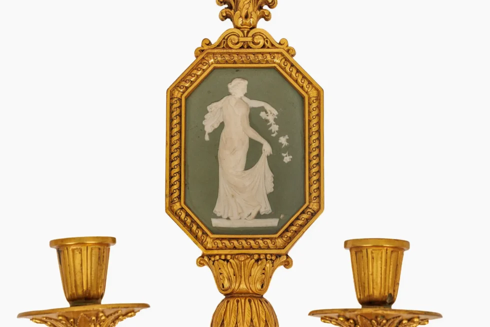 Fine Pair of Neoclassical Gilt Bronze & Wedgwood Sconces, Sterling Bronze Co - Image 5