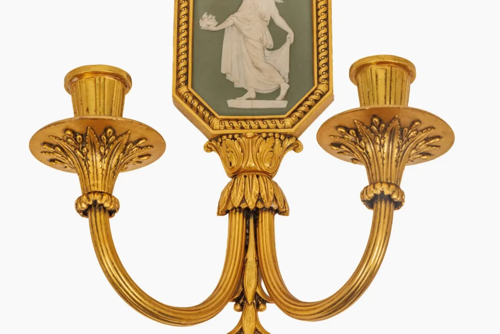 Fine Pair of Neoclassical Gilt Bronze & Wedgwood Sconces, Sterling Bronze Co - Image 8