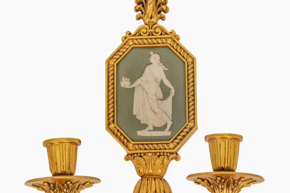 Fine Pair of Neoclassical Gilt Bronze & Wedgwood Sconces, Sterling Bronze Co - Image 9