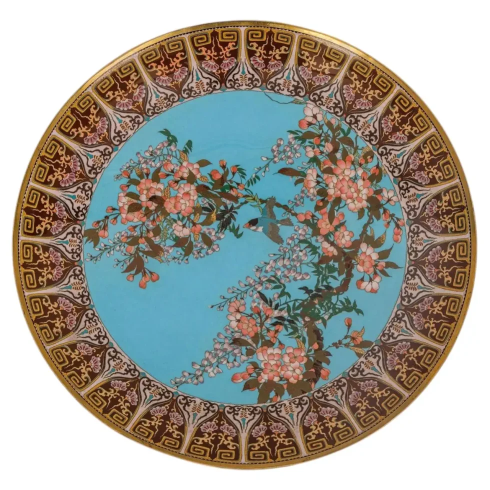 Exceptional Japanese Meiji Cloisonné Enamel Charger, Turquoise Ground, 18 Inches