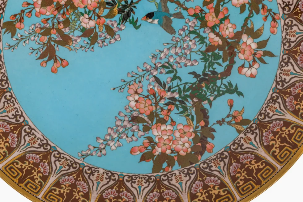 Exceptional Japanese Meiji Cloisonné Enamel Charger, Turquoise Ground, 18 Inches - Image 2