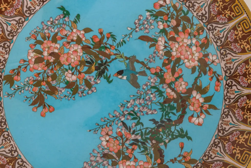 Exceptional Japanese Meiji Cloisonné Enamel Charger, Turquoise Ground, 18 Inches - Image 3